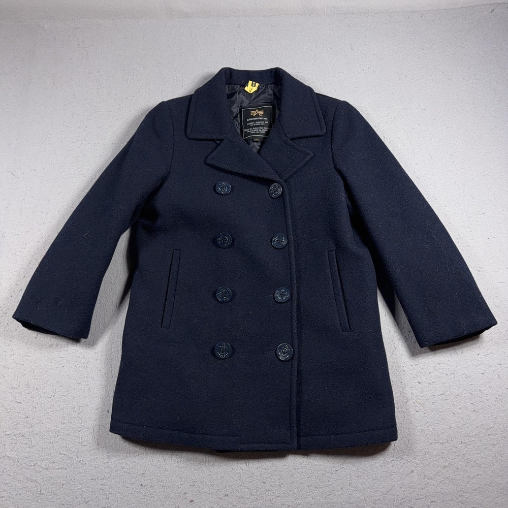 Alpha Industries Pea Coat Youth Large 14-16 Blue Double Breasted Navy Winter
